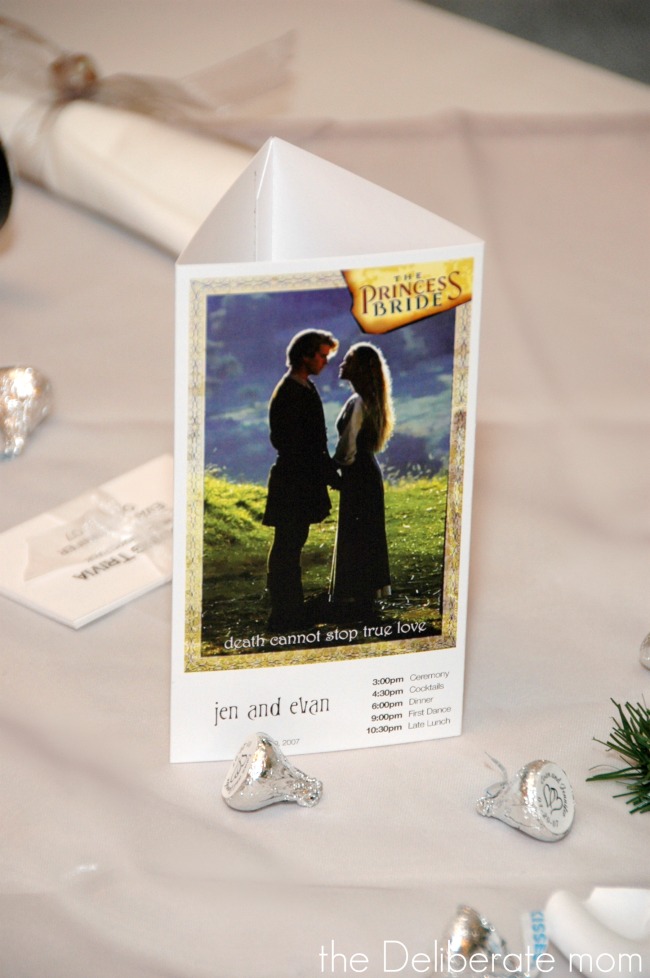 Movie themed winter wedding. Each table was named after a romantic movie and had a tri-fold program of the events. 