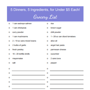 Grocery List for 5 Dinners