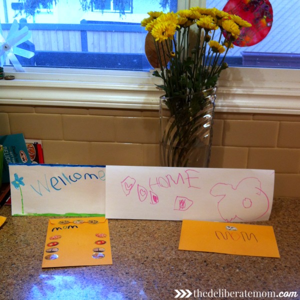 Welcome home signs, cards, and flowers. The warm welcome home!